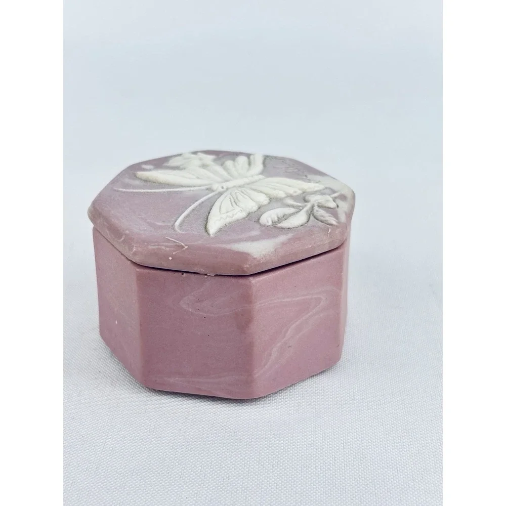 Vtg Trinket Box Pink Incolay Soapstone Design Gifts USA Cottagecore Grannycore